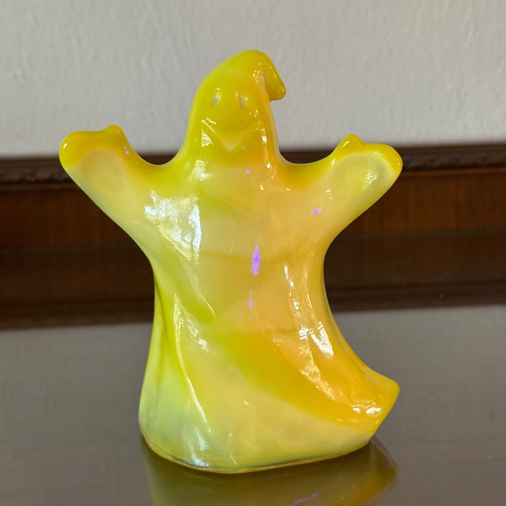 Mosser Glass Ghost Fenton Mold Dandelion Yellow Slag Art Glass UV Glow 6 inch